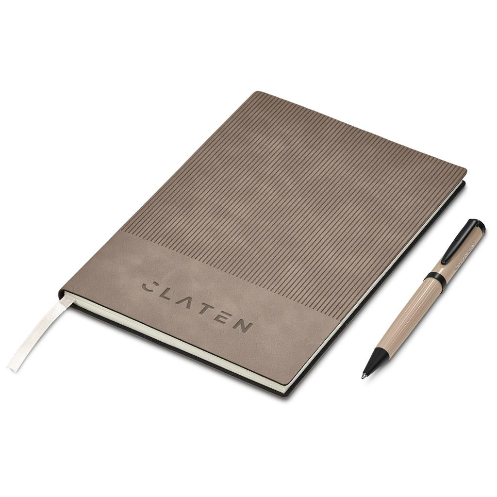 Brown notebook with a pen on a white background

