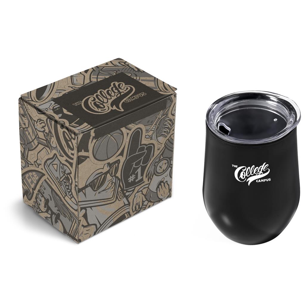 Black insulated wine tumbler with 'The College Campus' logo on a patterned box.

