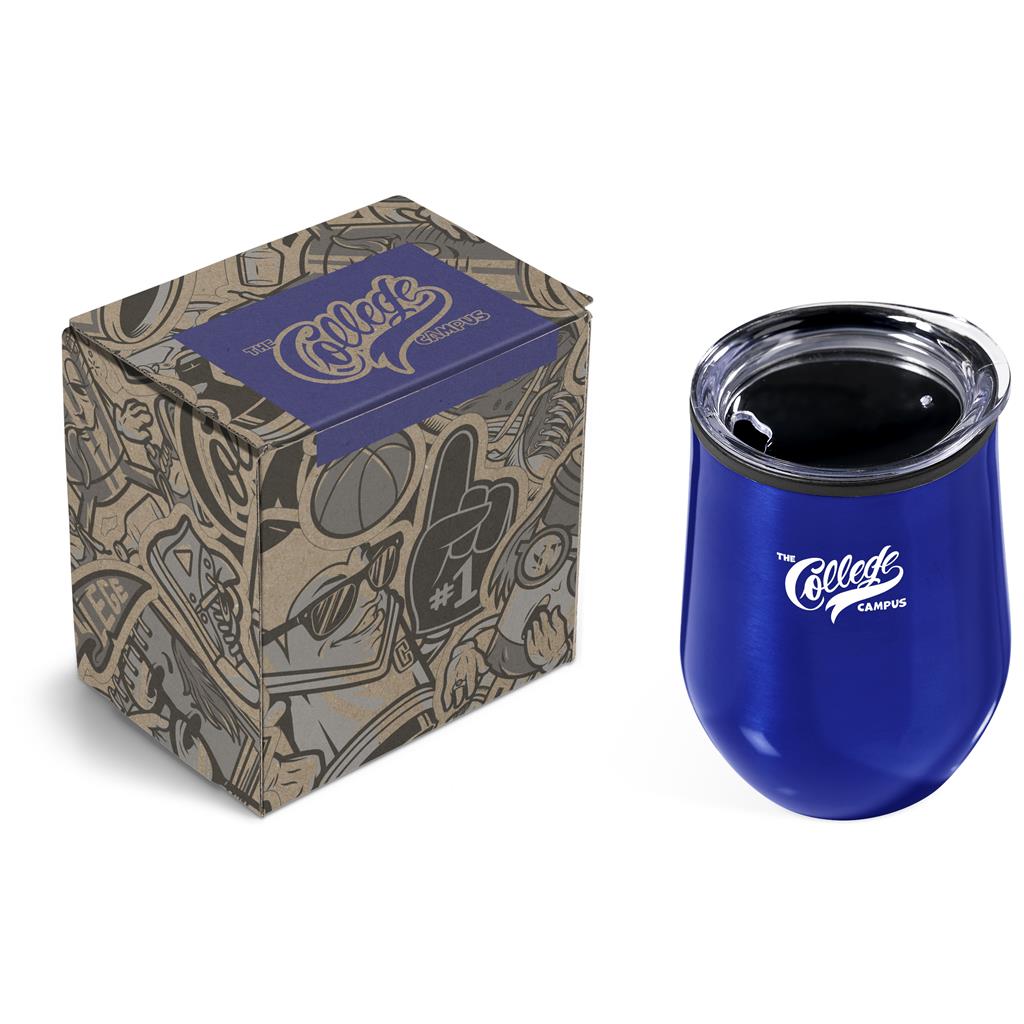 Blue insulated tumbler with 'The College Campus' logo in a decorative box on a white background

