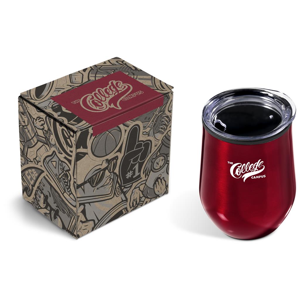Red insulated tumbler with 'Collegiate Campus' branding next to its patterned box on a white background

