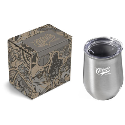 Silver insulated tumbler with lid and decorative box on a white background

