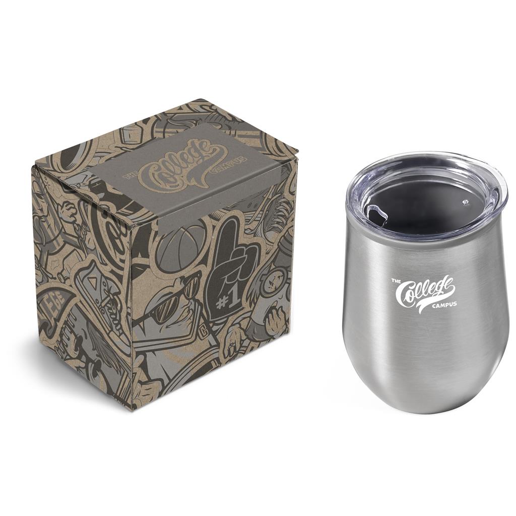Silver insulated tumbler with lid and decorative box on a white background

