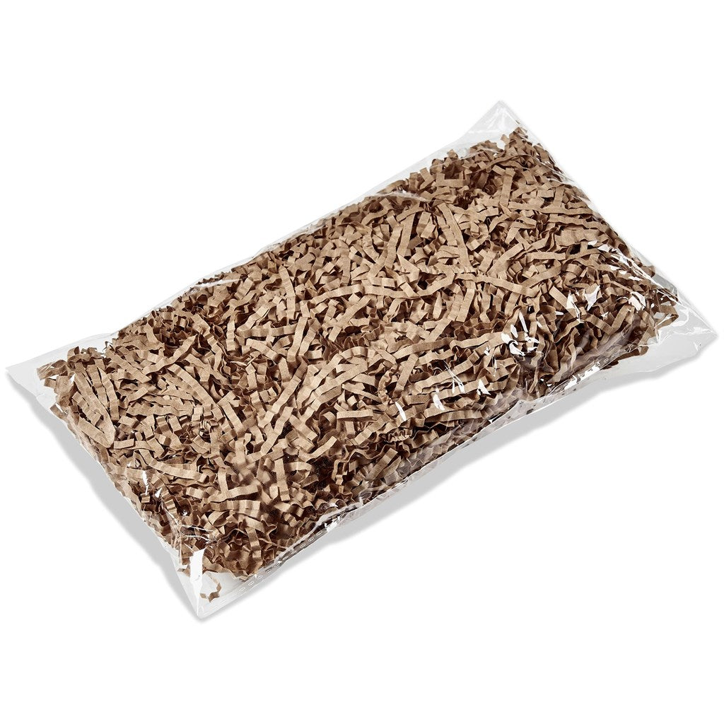 Packaged brown shredded paper on a white background


