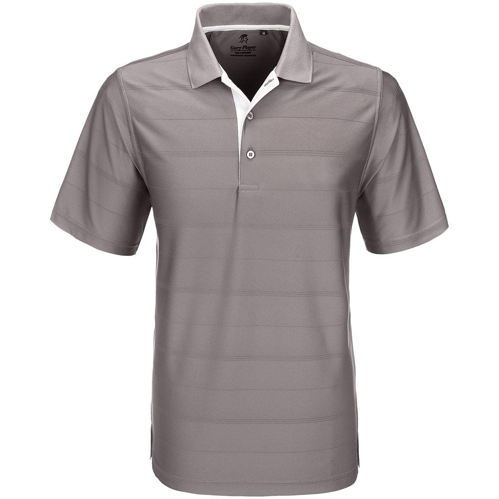 Gray polo shirt with white collar on a white background

