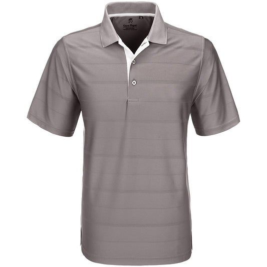 Gray polo shirt with white collar on a white background

