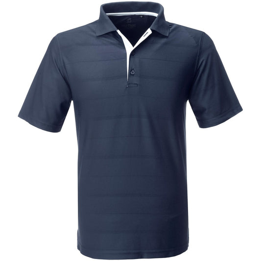 Navy blue polo shirt with white collar on a white background

