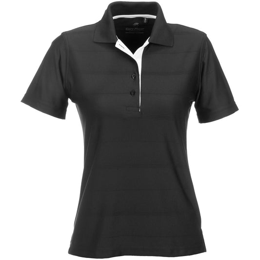 Black polo shirt with white collar on a white background


