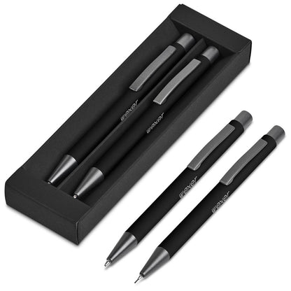 Set of black pens with silver accents on a white background


