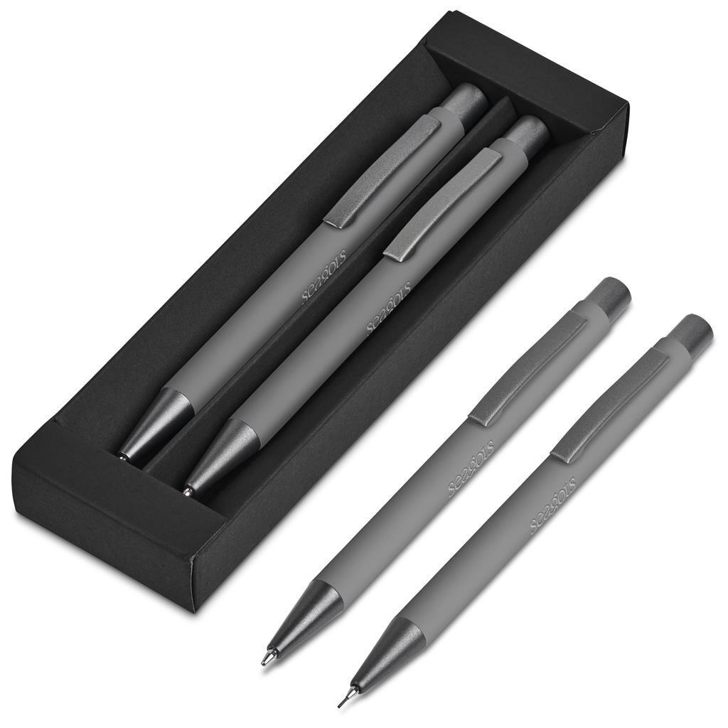 Set of gray pens with a black box on a white background

