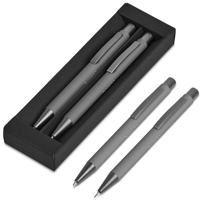Set of gray pens with a black box on a white background

