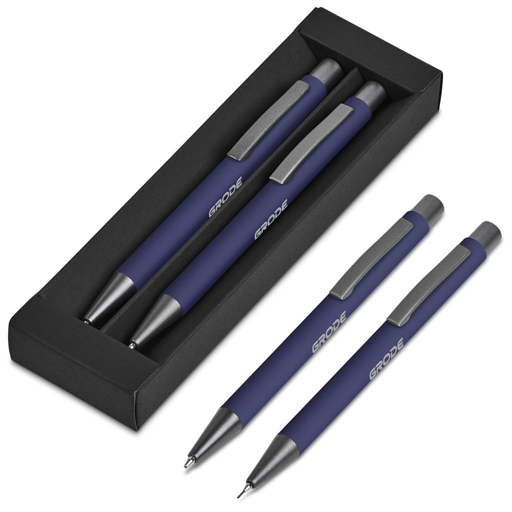 Set of blue pens with silver accents in a black box on a white background

