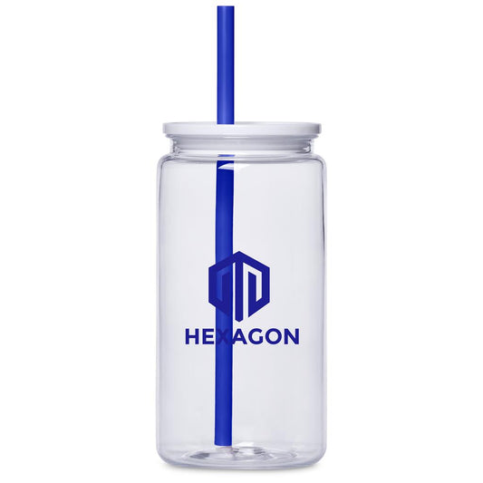 A clear plastic tumbler with a white lid and a blue straw, featuring a blue hexagonal logo and the word 'HELAGON' printed on the front, set against a plain white background.

