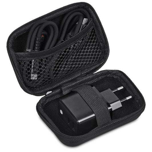 Black travel adapter and cable in a mesh pouch on a white background

