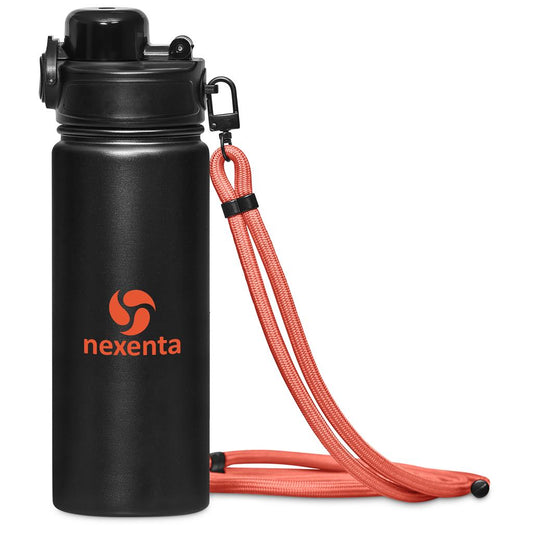 Black water bottle with orange strap and Nexenta logo on a white background

