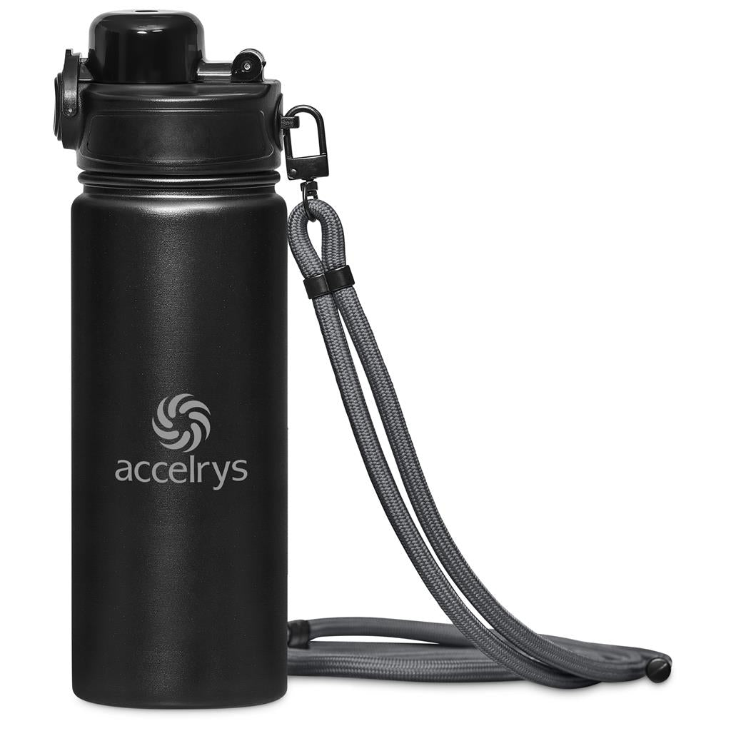 Black water bottle with a strap and Accelrys logo on a white background

