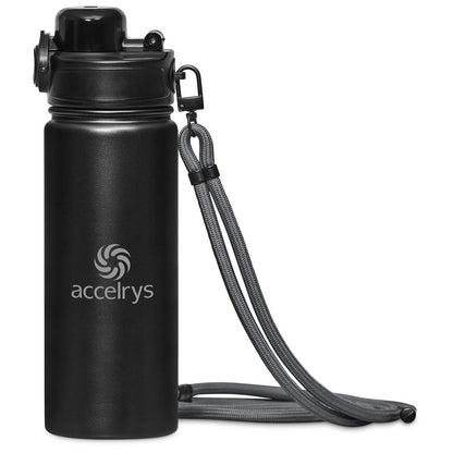 Black water bottle with a strap and Accelrys logo on a white background


