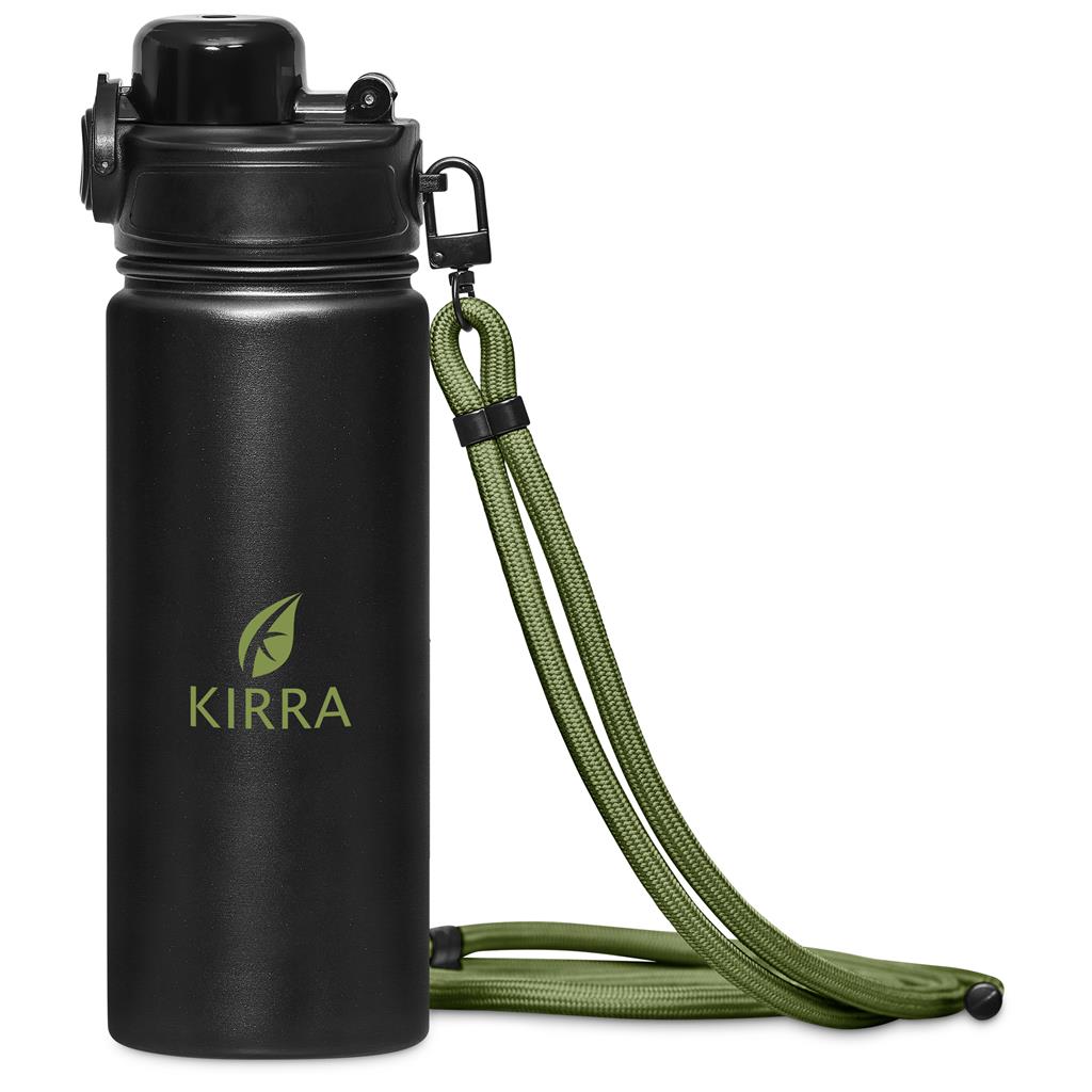 Black water bottle with green strap and 'KIRRA' logo on a white background

