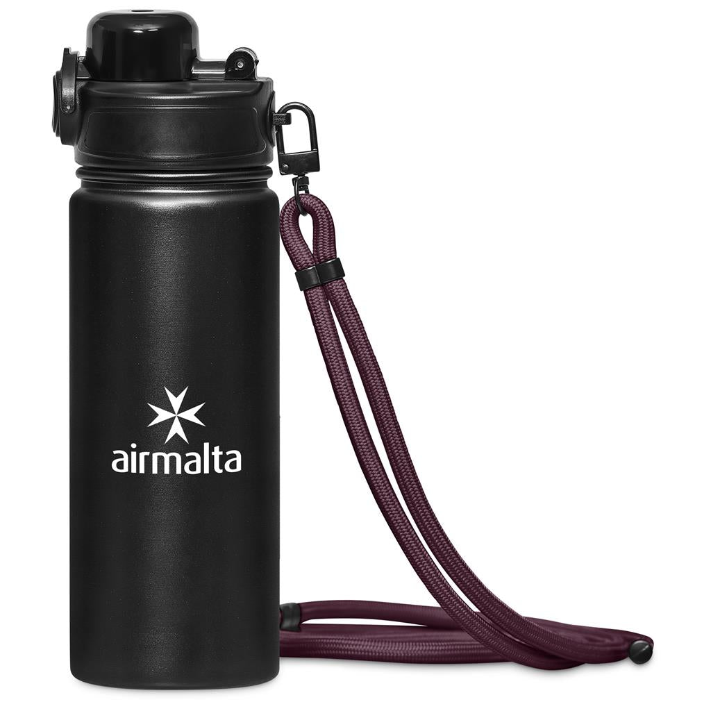 Black water bottle with airmalta logo and purple strap on a white background


