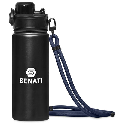 Black water bottle with airmalta logo and purple strap on a white background

