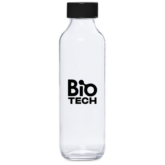 A clear glass water bottle with a black screw cap and a black 'Bio Tech' logo printed on the front, set against a plain white background.


