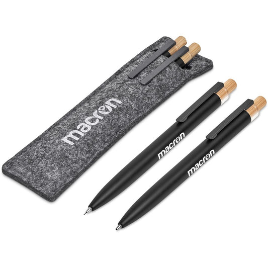 Two black pens with wooden accents and a gray carrying case featuring the 'macron' logo on a white background.

