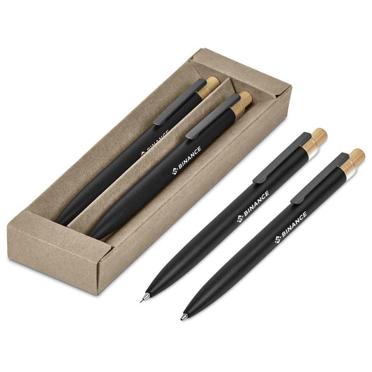 Set of black pens with wooden accents in a beige box on a white background

