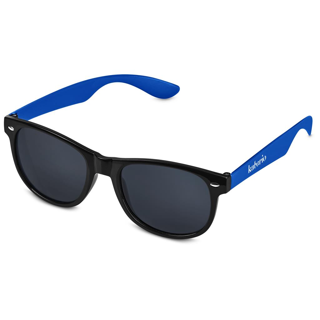 Sunglasses with black frames and blue arms on a white background

