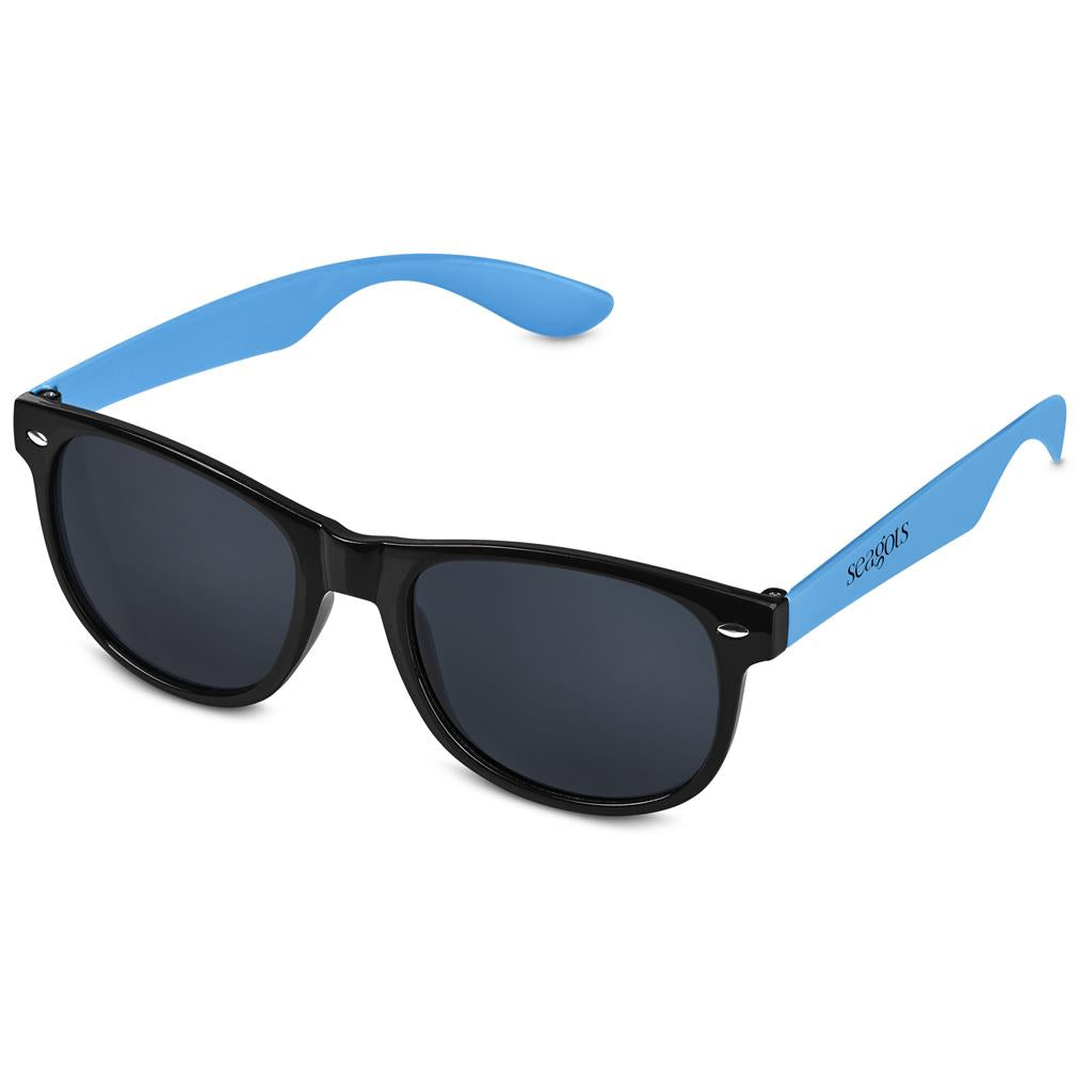 Sunglasses with black frames and blue arms on a white background

