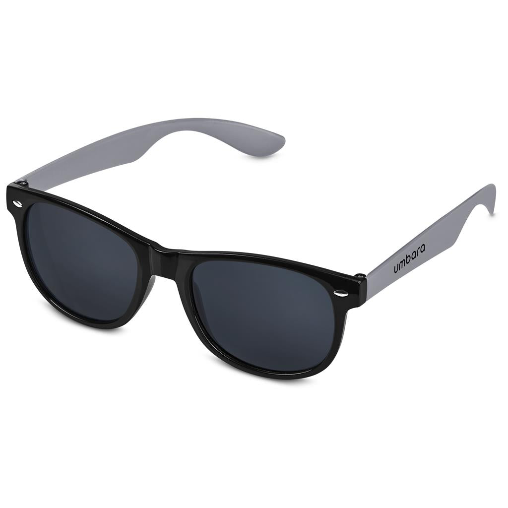 Black sunglasses with gray arms on a white background


