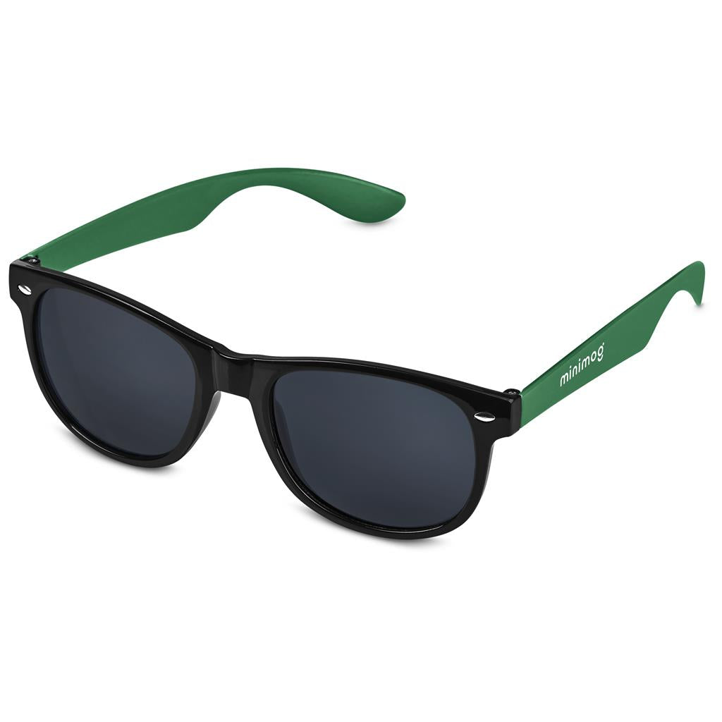 Sunglasses with black lenses and green arms on a white background

