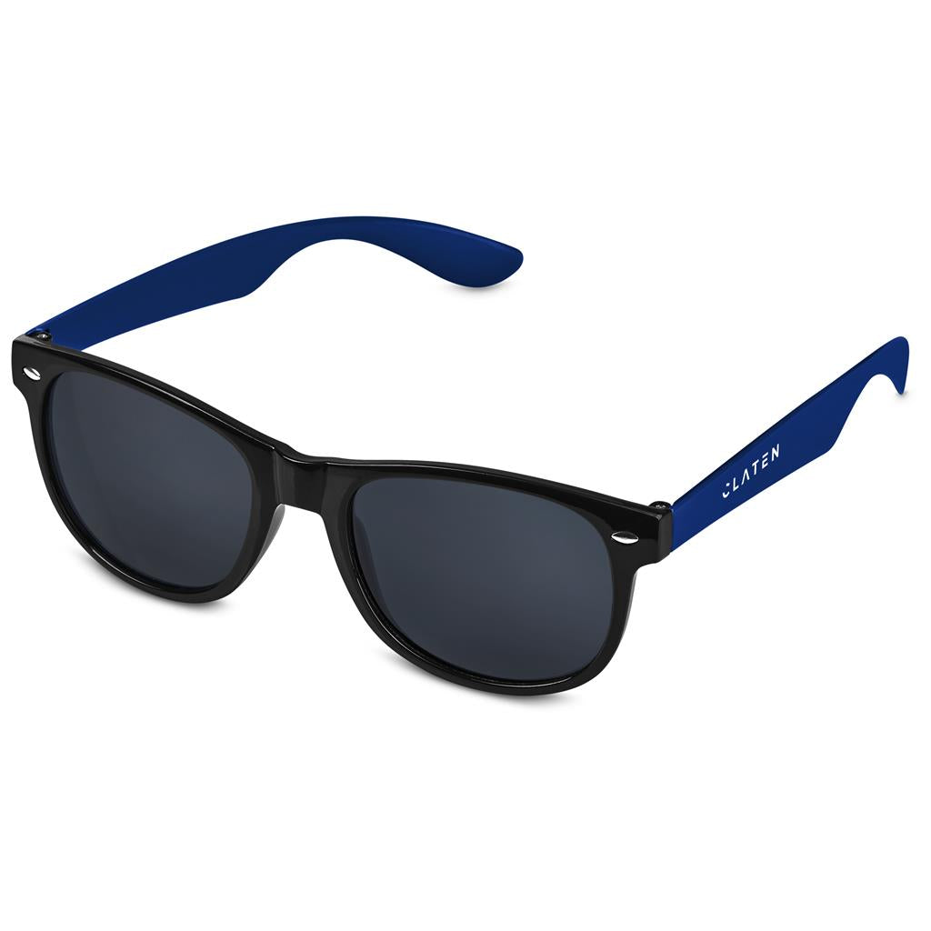 Sunglasses with black lenses and blue frames on a white background

