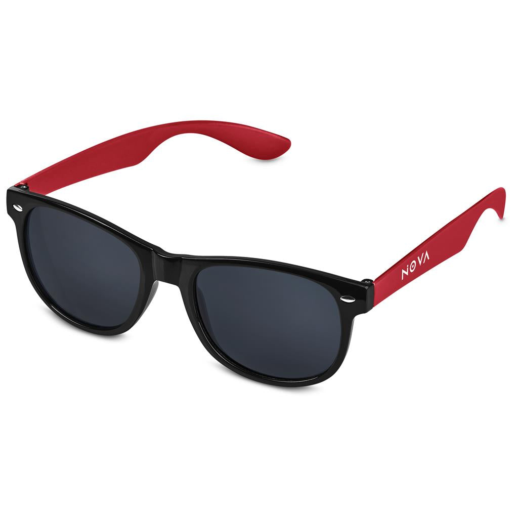 Sunglasses with black frames and red arms on a white background

