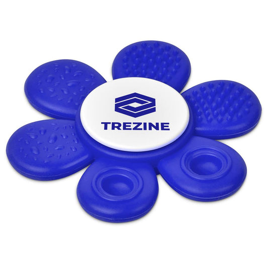 Blue flower-shaped objects with a central white disc displaying the Trezine logo on a white background.

