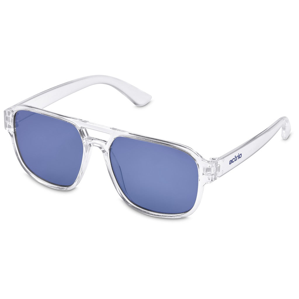 Clear acetate aviator-style sunglasses with blue mirrored lenses, shown on a plain white background.

