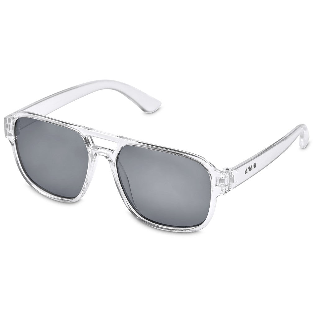 Clear acetate aviator-style sunglasses with dark gray mirrored lenses, shown on a plain white background.

