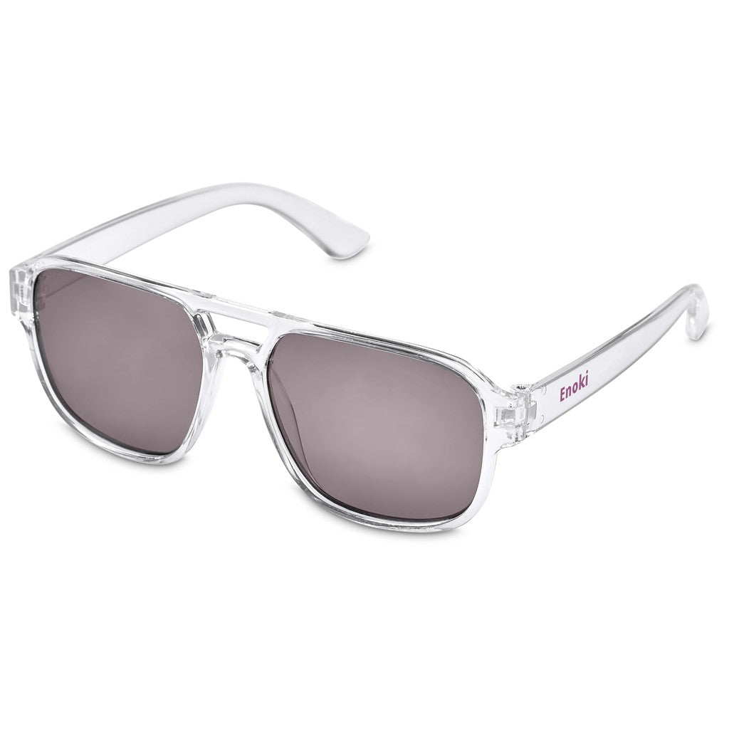 Clear aviator-style sunglasses with gray tinted lenses and a small pink 'Fendi' logo on the temple arm, shown on a plain white background.

