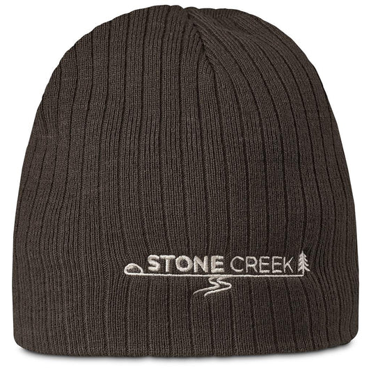 Dark gray beanie with 'Stone Creek' logo on a white background


