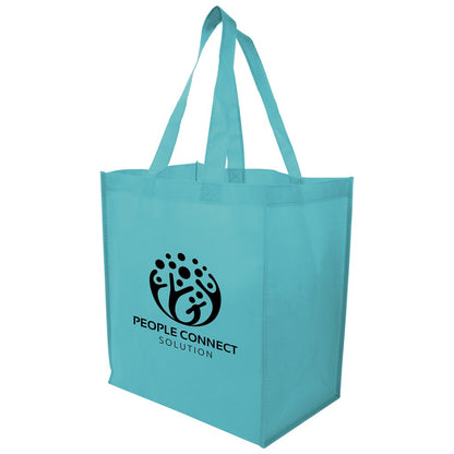 A light blue reusable tote bag with black printed branding that reads 'PEOPLE CONNECT SOLUTION' and a circular logo, shown on a plain white background.

