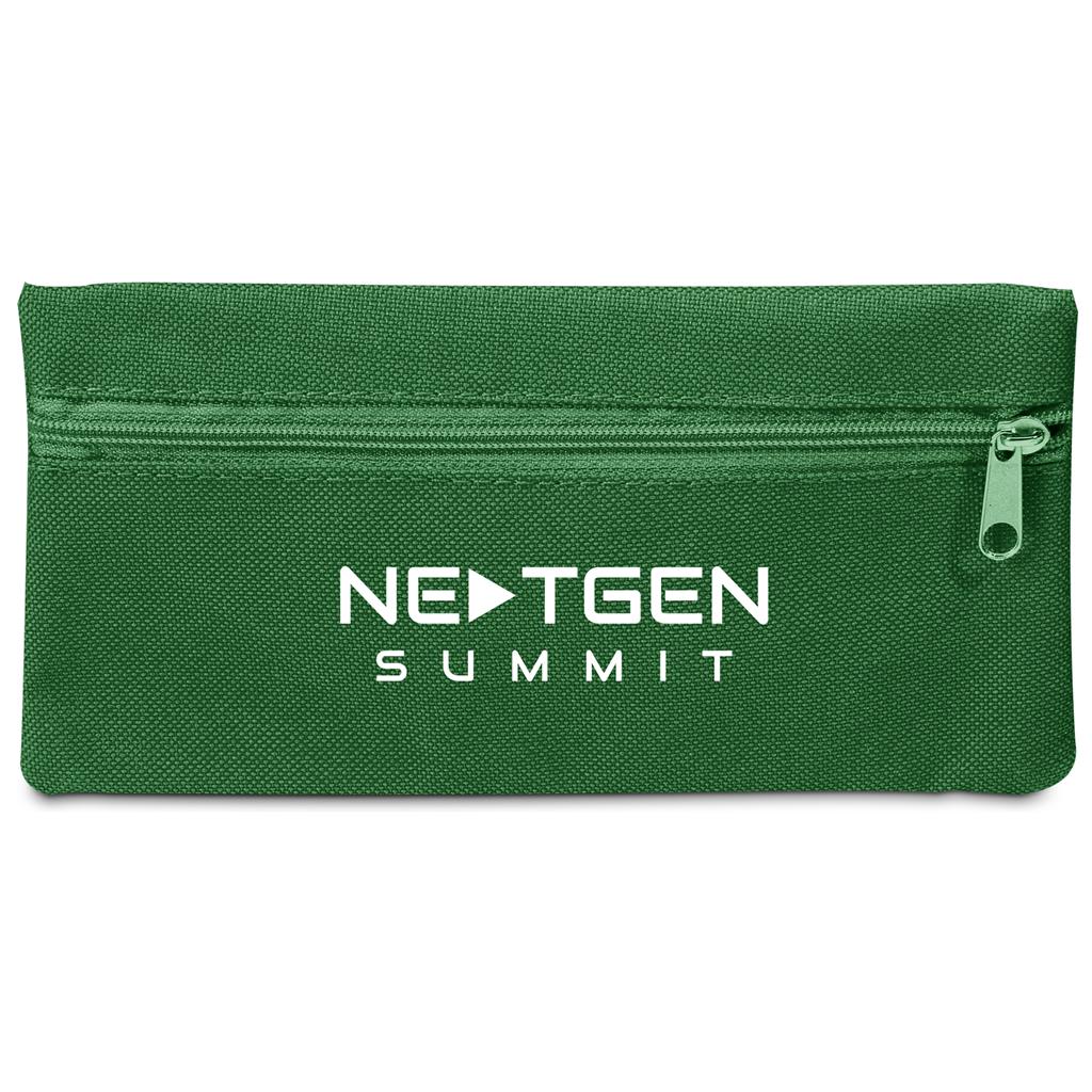 Green pencil case with 'NEGTGEN SUMMIT' logo on a white background

