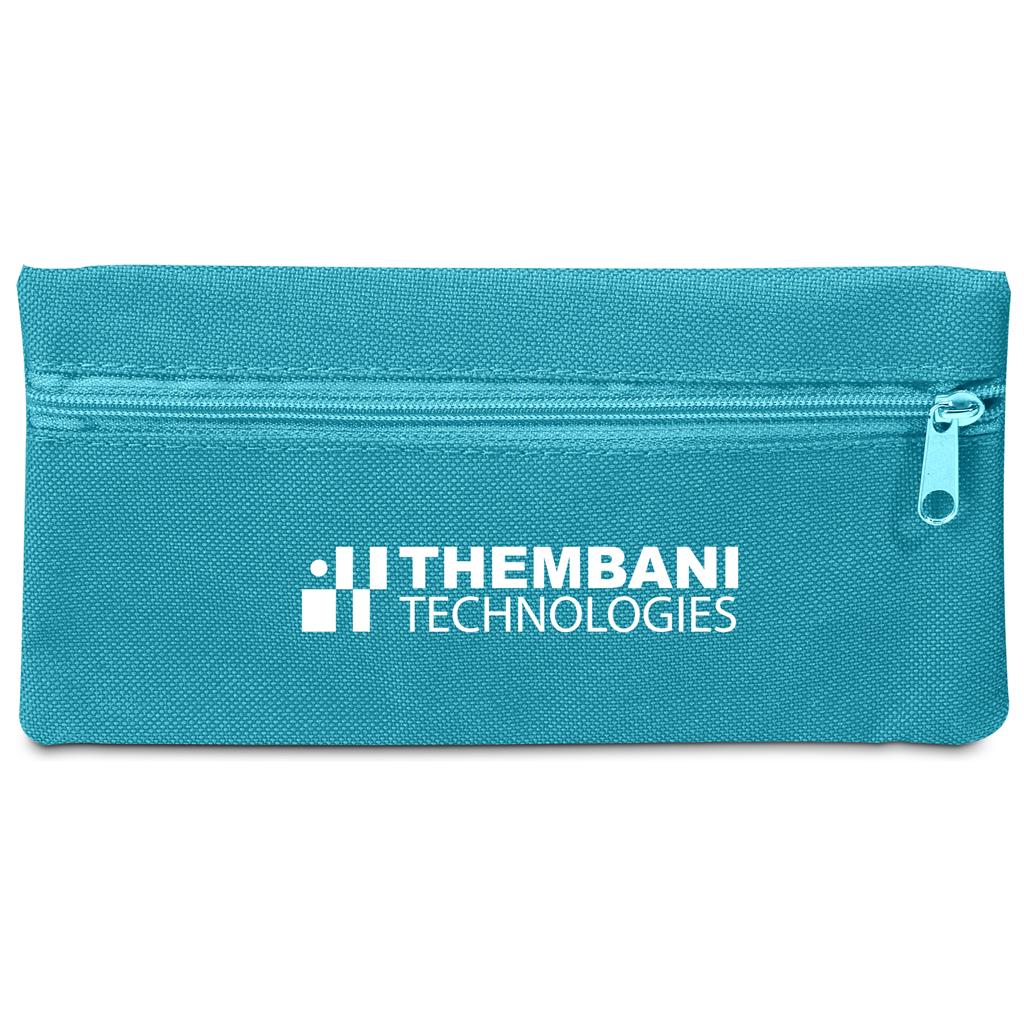 Blue pencil case with 'Thembani Technologies' logo on a white background