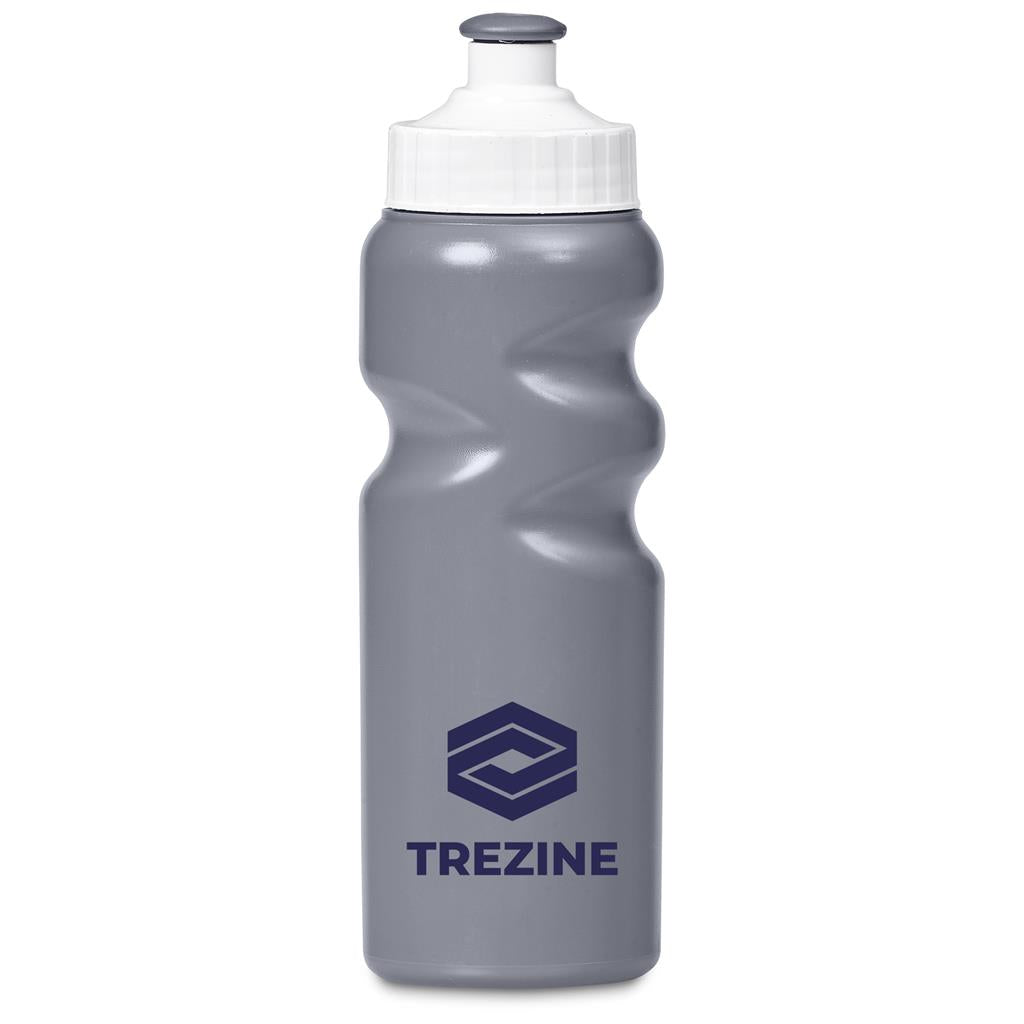 Gray water bottle with white cap and Trezine logo on a white background


