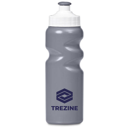 Gray water bottle with white cap and Trezine logo on a white background

