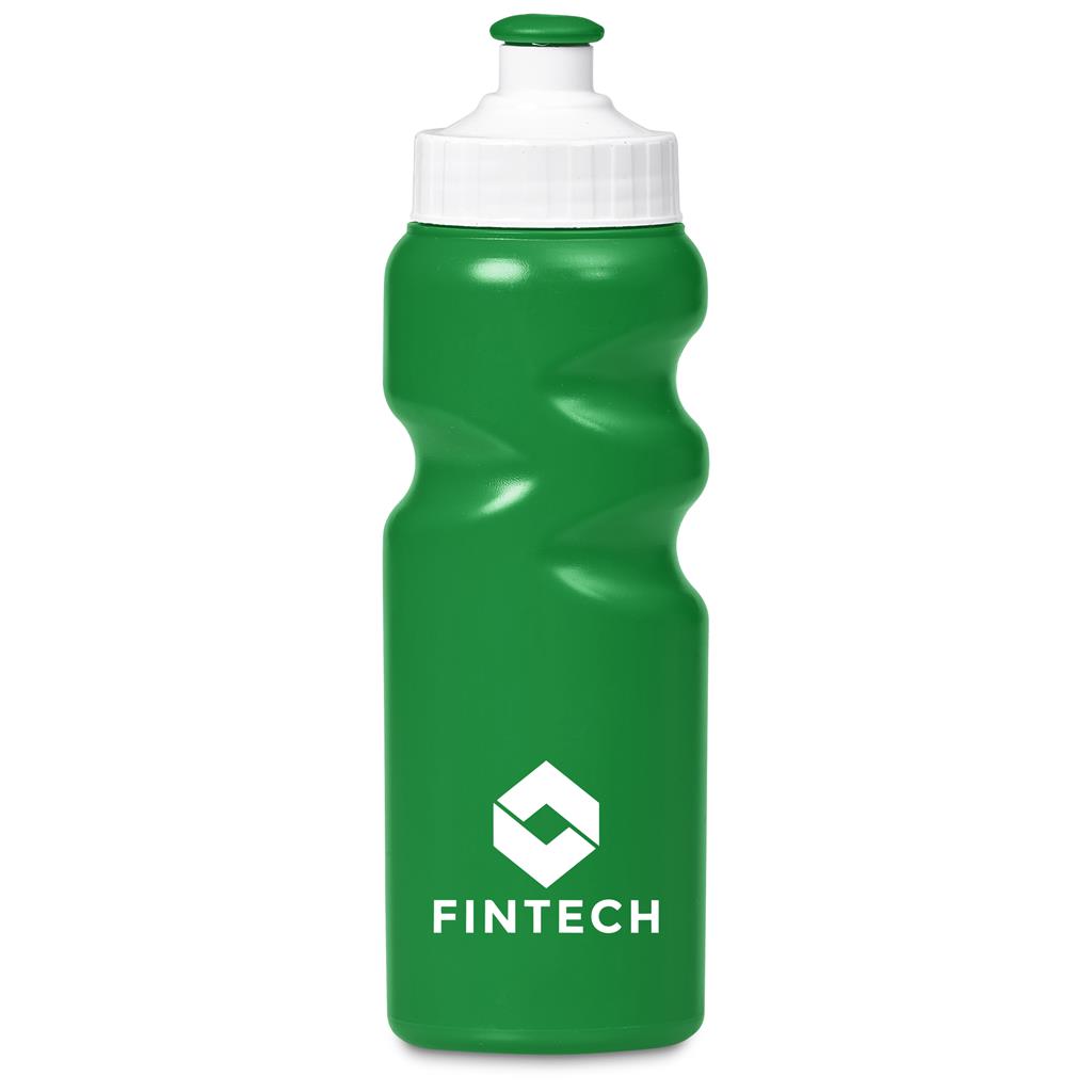 Green water bottle with white cap and 'FINTECH' logo on a white background

