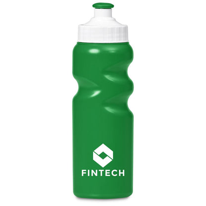 Green water bottle with white cap and 'FINTECH' logo on a white background

