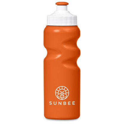 Orange water bottle with white cap and 'Sunbee' logo on a white background

