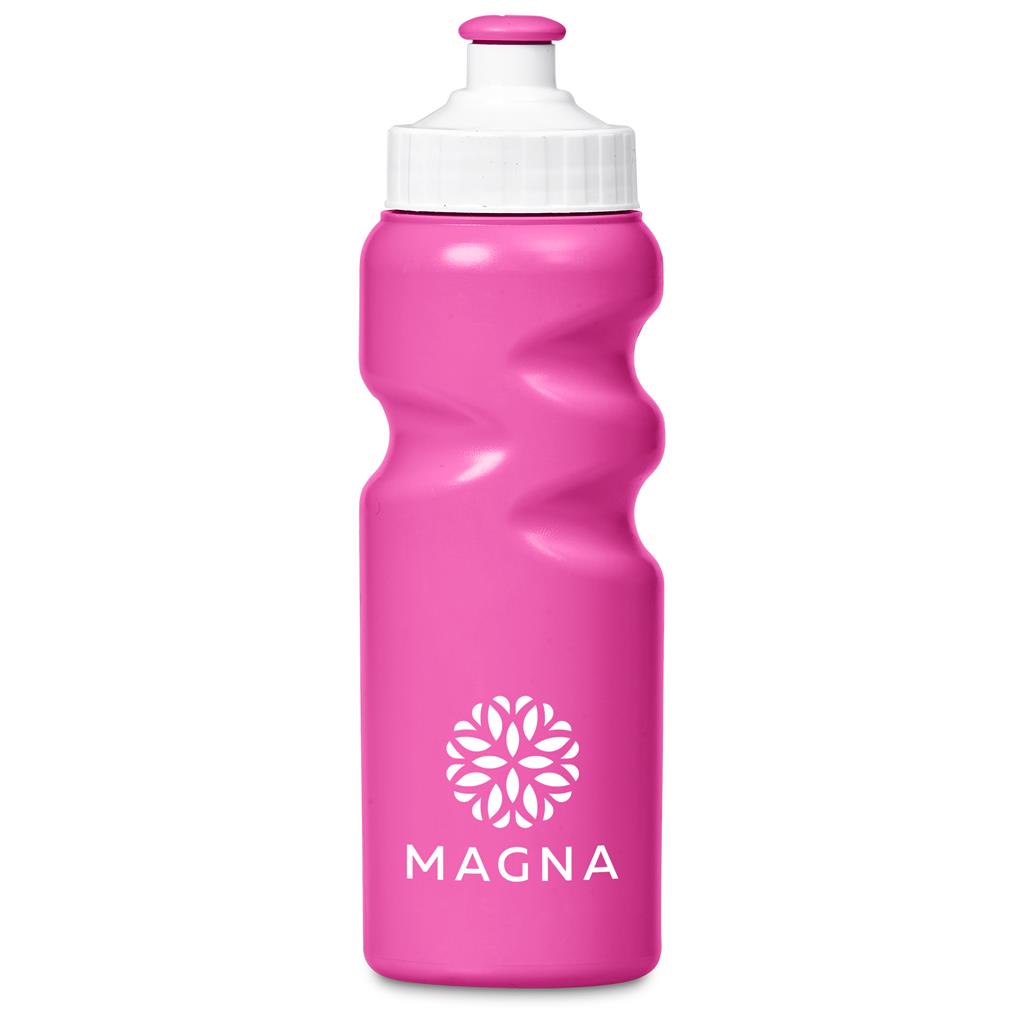 Pink water bottle with white cap and 'Magna' logo on a white background

