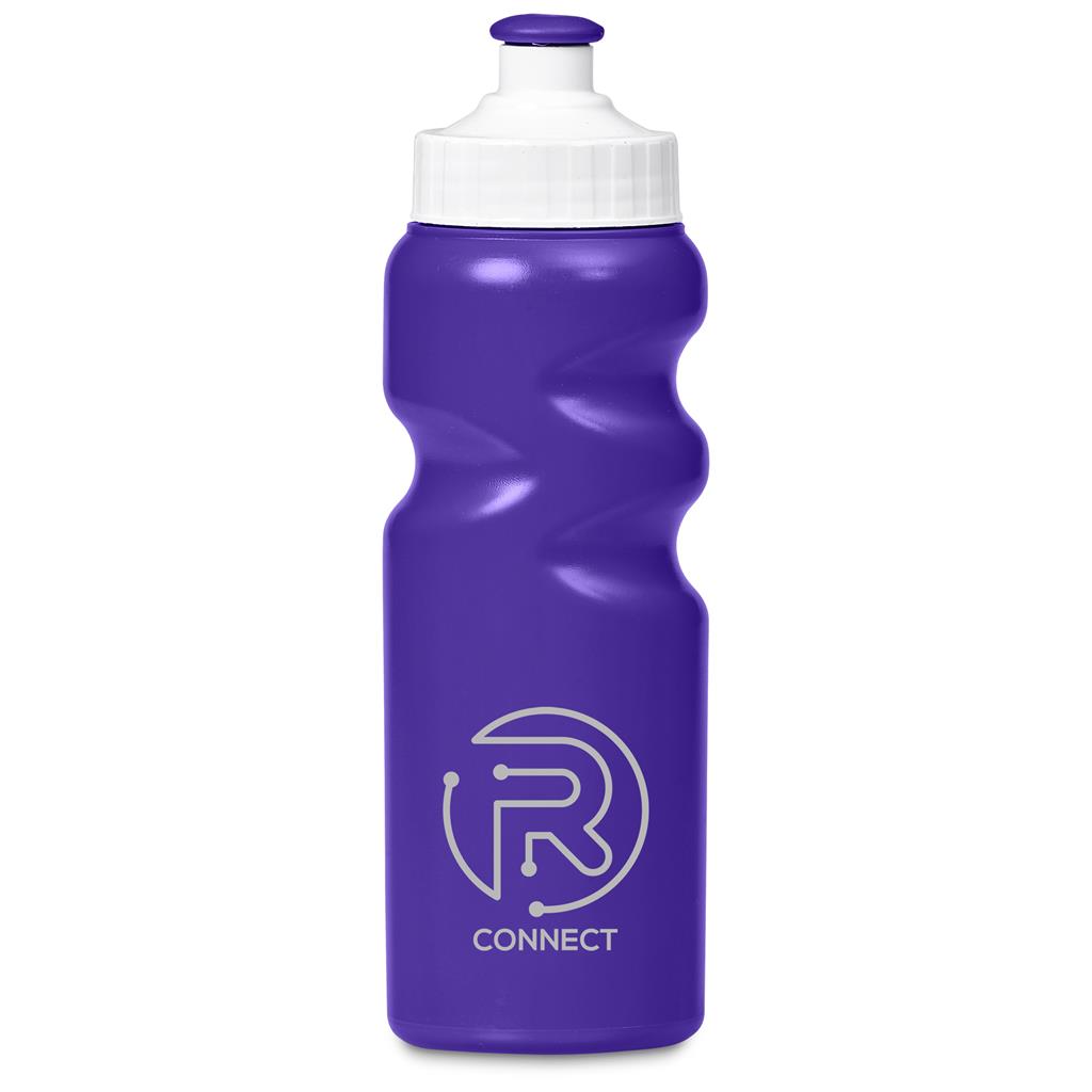 Purple water bottle with white cap and logo on a white background

