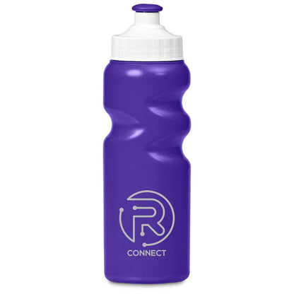 Purple water bottle with white cap and logo on a white background

