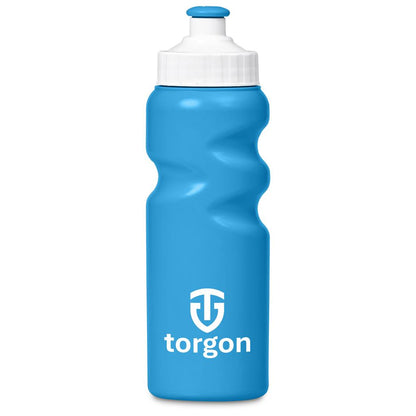 Blue water bottle with white cap and 'torgon' logo on a white background

