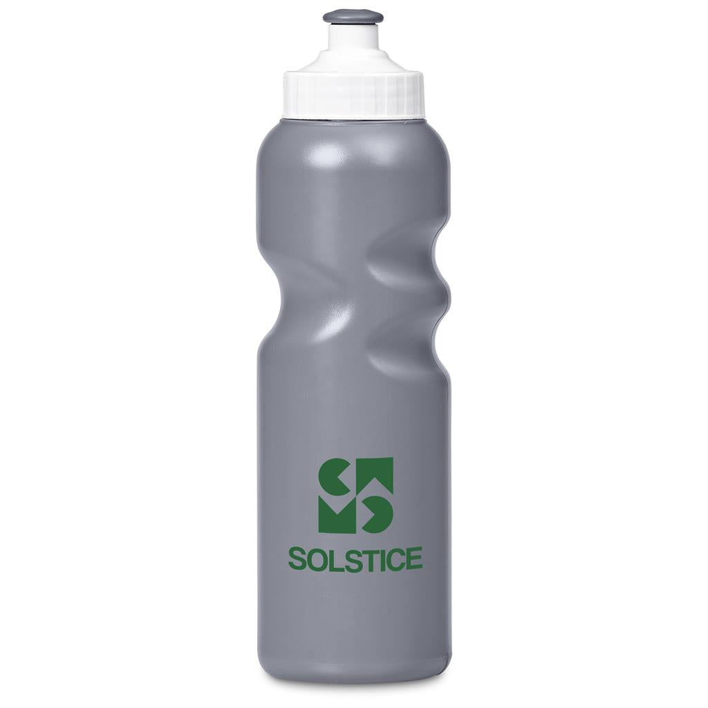Gray water bottle with white cap and green logo on a white background


